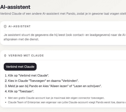The "AI-assistent" page in Pando (screen shown in Dutch), with the button to connect Claude and the list of your connections.